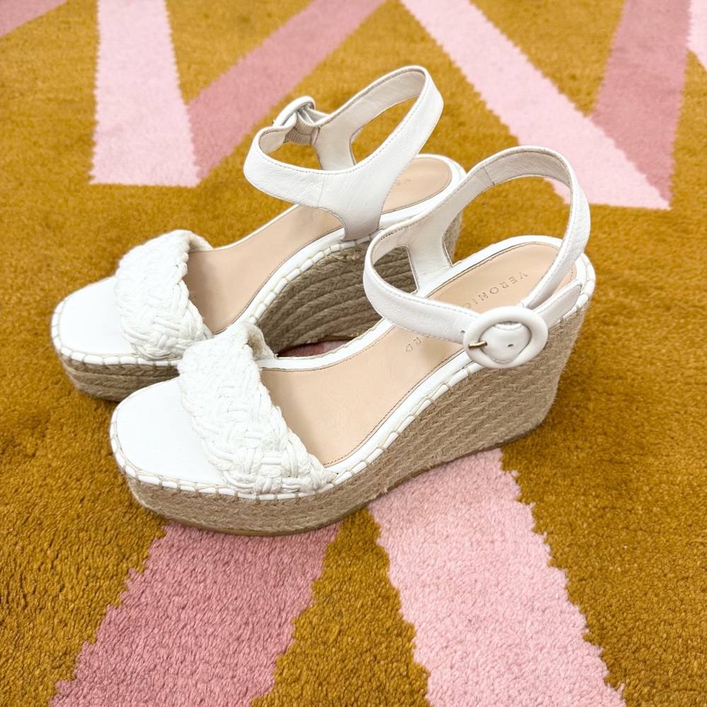 Veronica Beard Reema Espadrille Platform Wedge Sandals White Leather Size 8 - Picture 2 of 6